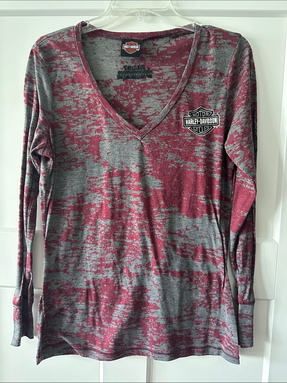 Harley-Davidson Women's Long Sleeve V-Neck Tee in Maroon and Gray Camouflage